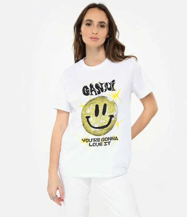 Ganni Tee-shirt Smiley Coton Organique Blanc soldes de Noël 4