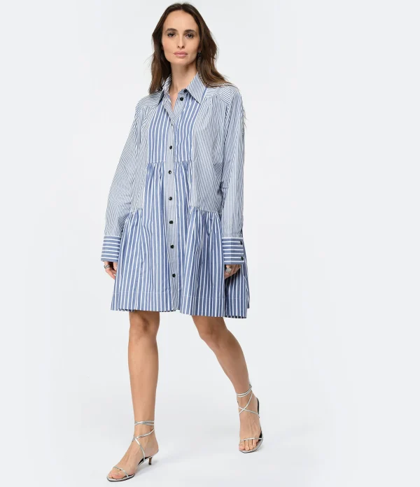 Pas Cher soldes France Ganni Robe Chemise Rayures Coton Organique Gris Bleu 4