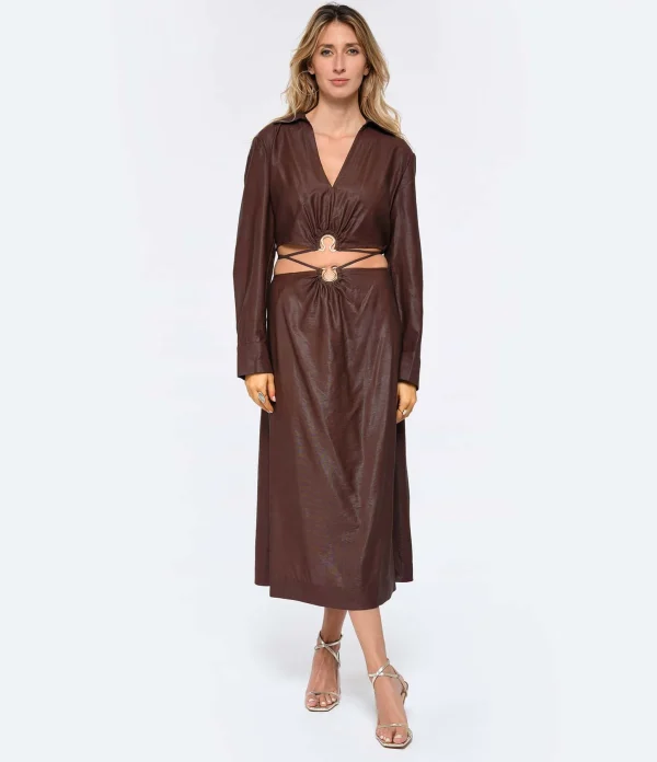 en promotion JONATHAN SIMKHAI Jupe Midi Mikah Satin Chocolat 3