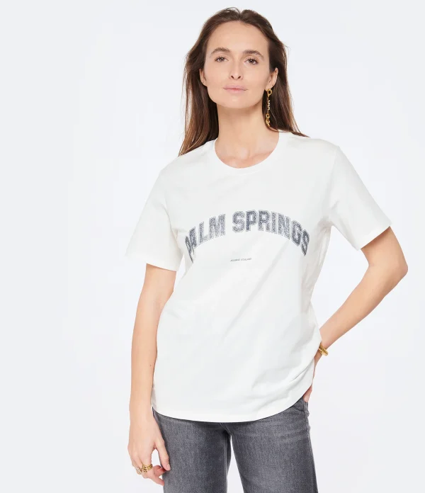 JEANNE VOULAND Tee-shirt Jai Palm Springs Glitter Gun Metal Blanc design à la mode 4