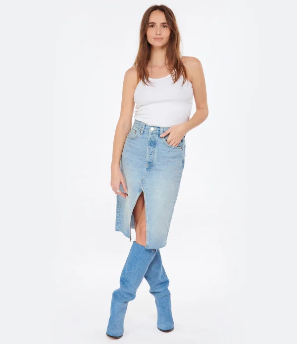 RE/DONE Jupe Midi Denim Coton Bleu Opal Indigo site officiel 4