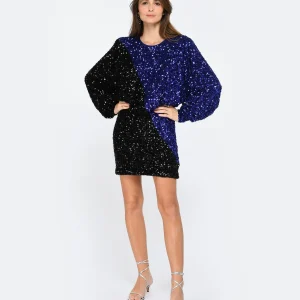 ROTATE Robe Mini Bicolore Sequins Noir Bleu Retour Facile et Gratuit 10