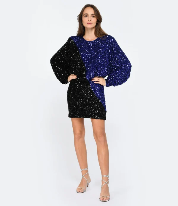 ROTATE Robe Mini Bicolore Sequins Noir Bleu Retour Facile et Gratuit 4