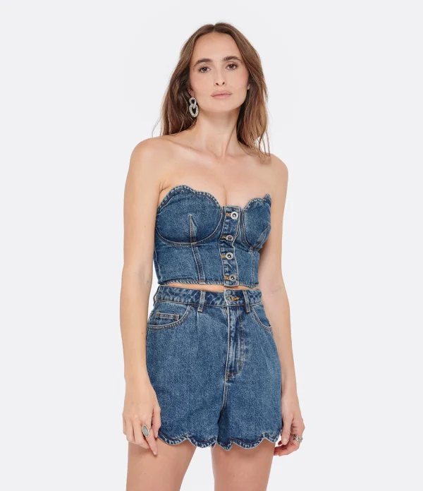 SELF PORTRAIT Top Court Bustier Denim Bleu excellents soldes 3